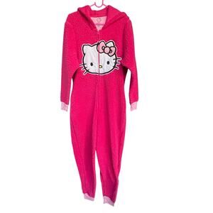 Sanrio Hello Kitty One Piece Pajamas Womens Large Pink Fleece Hooded No Feet